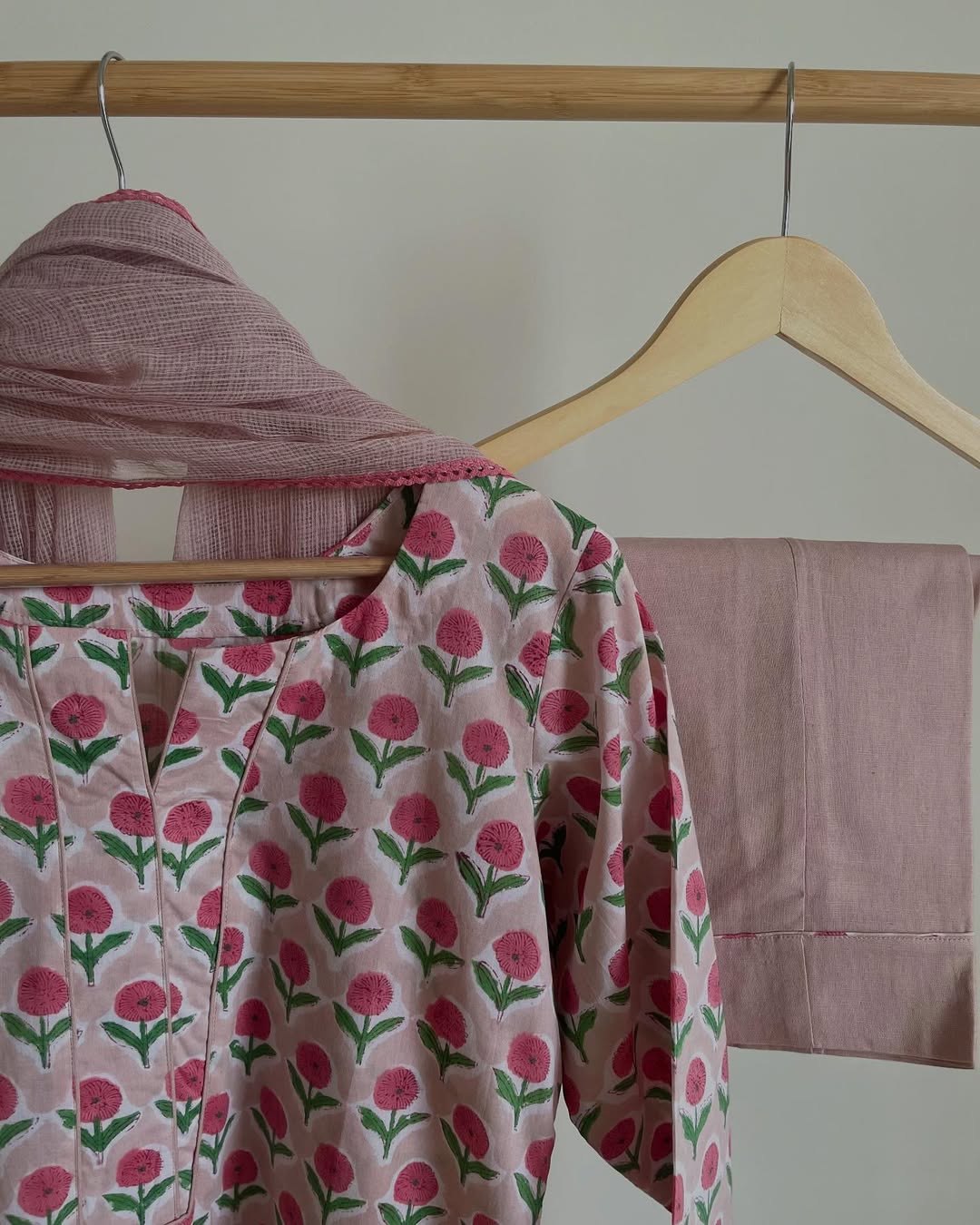 Serene Tones Cotton Set with Handblock Prints & Lace Finish