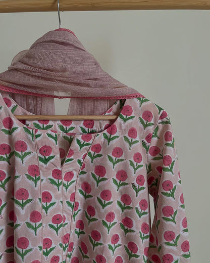 Serene Tones Cotton Set with Handblock Prints & Lace Finish