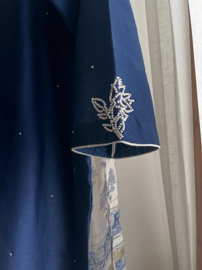 Handwoven Indigo Chanderi Set with Ivory Accent