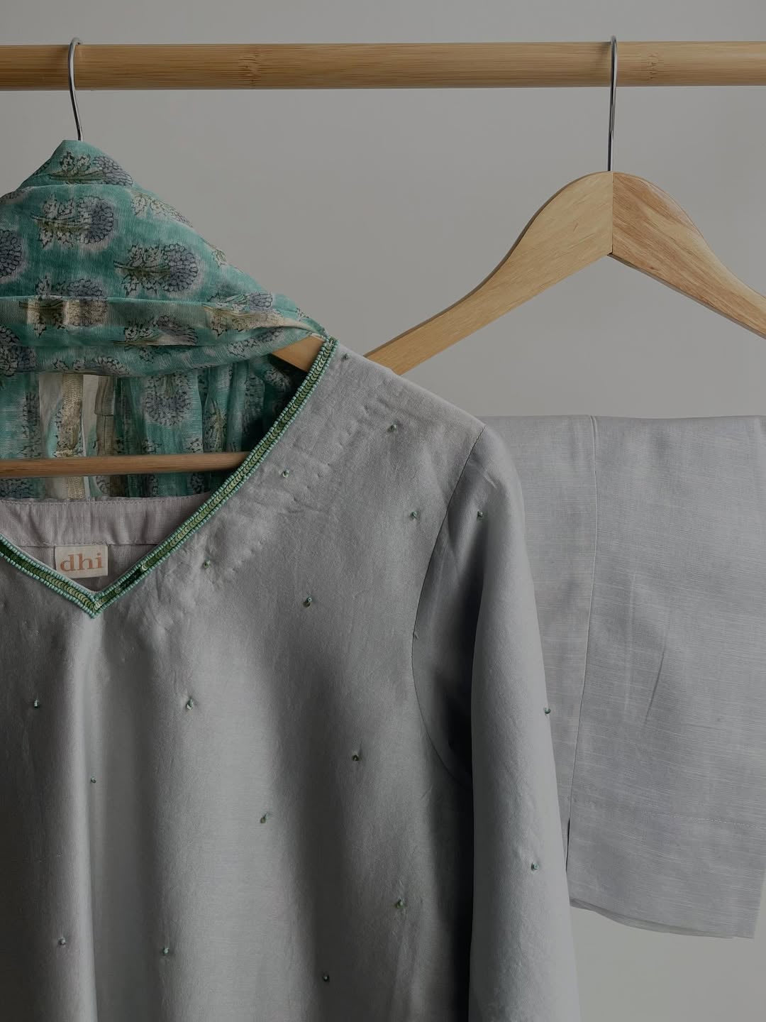 Elegant Grey Chanderi Set with Intricate Beadwork & Linen Pants