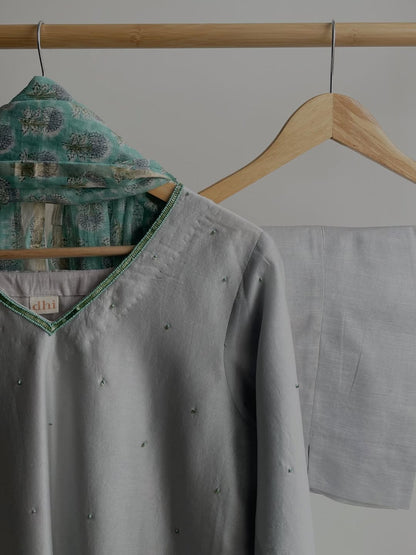 Elegant Grey Chanderi Set with Intricate Beadwork & Linen Pants