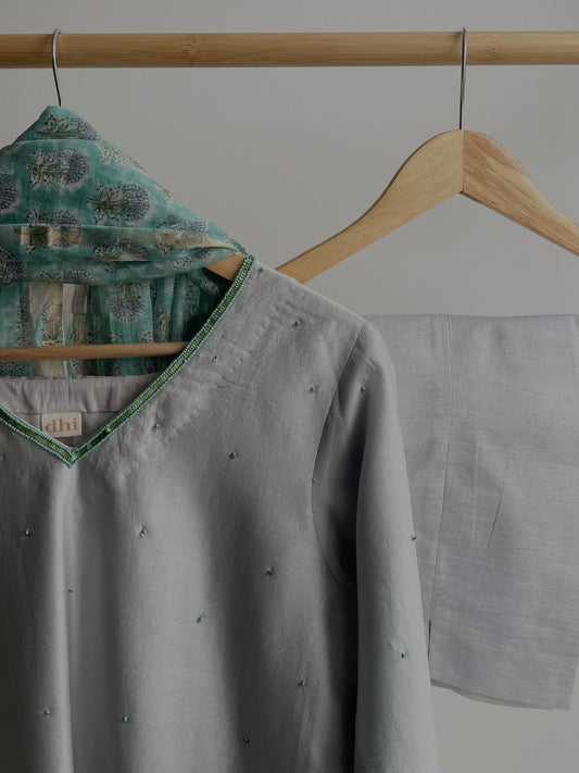 Elegant Grey Chanderi Set with Intricate Beadwork & Linen Pants