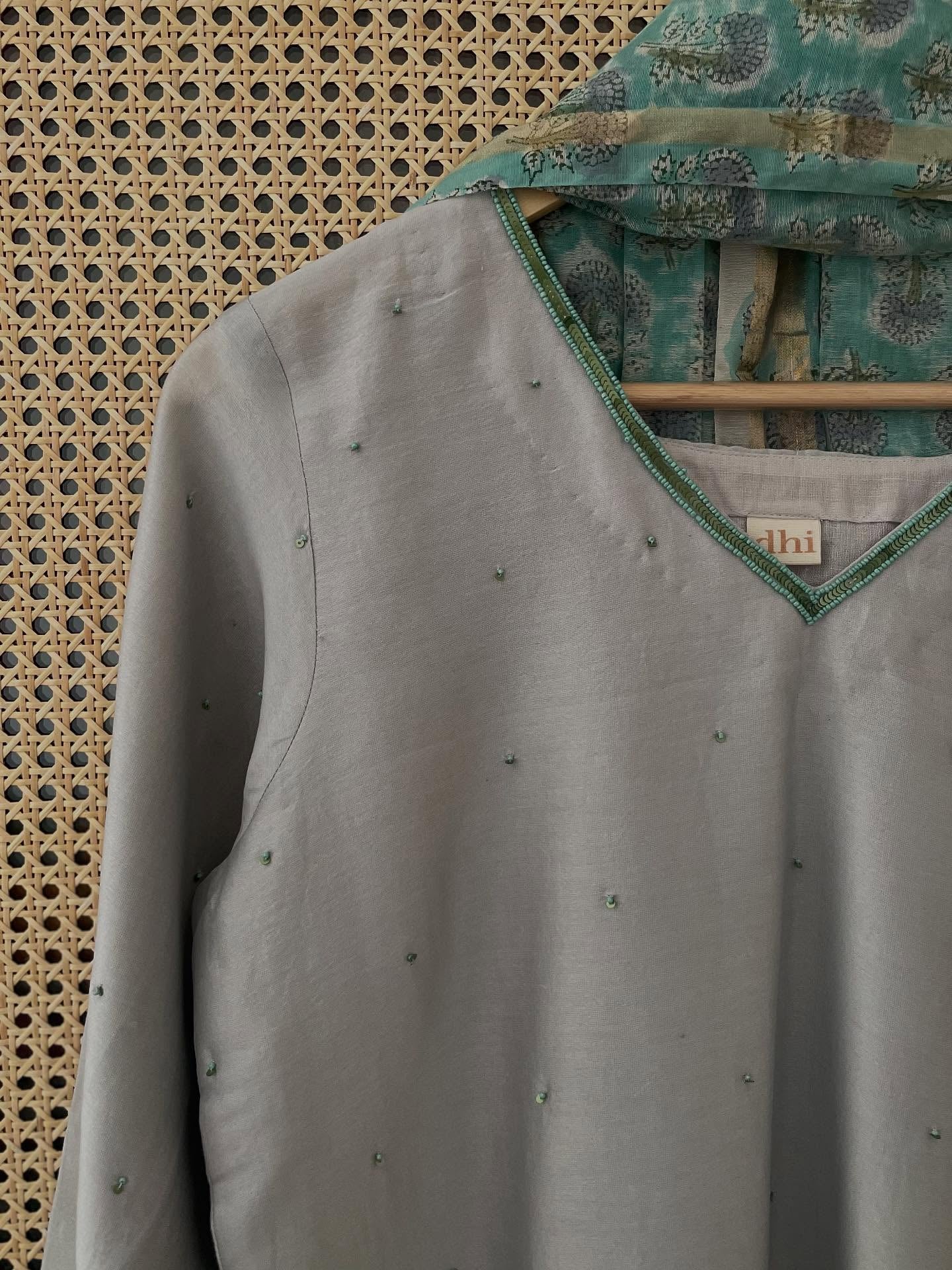 Grey Chanderi Kurta Set with Hand-Tucked Beads