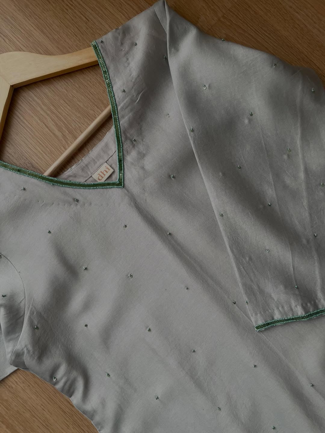 Elegant Grey Chanderi Set with Intricate Beadwork & Linen Pants