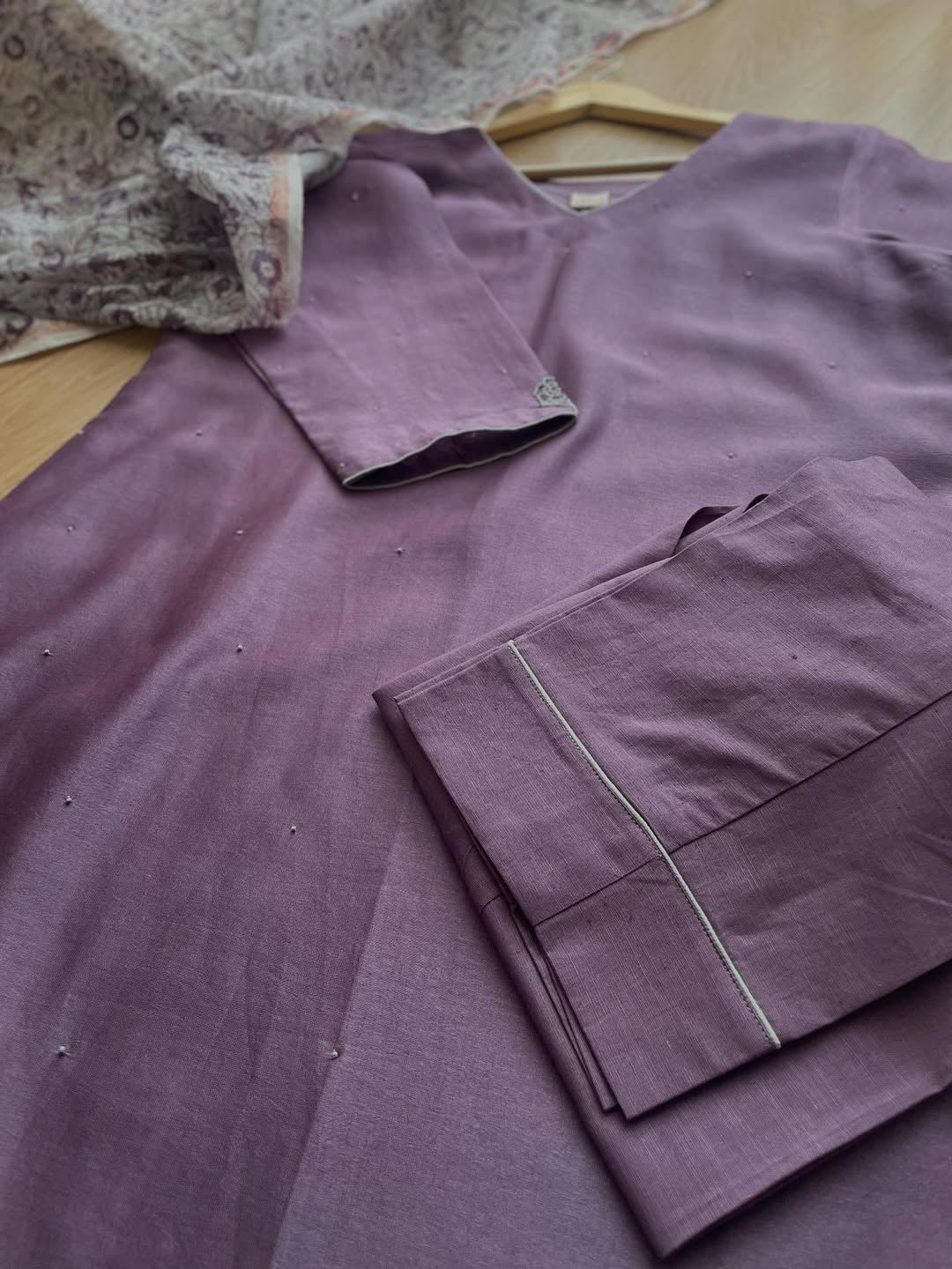 Lavender Chanderi Kurta Set with Grey Detailing