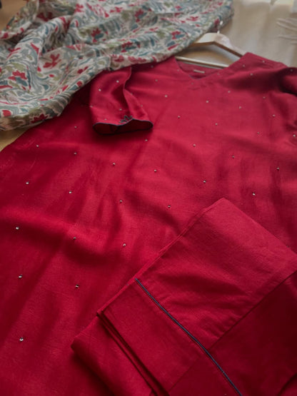 Red Chanderi Suit Set with Handblock Dupatta