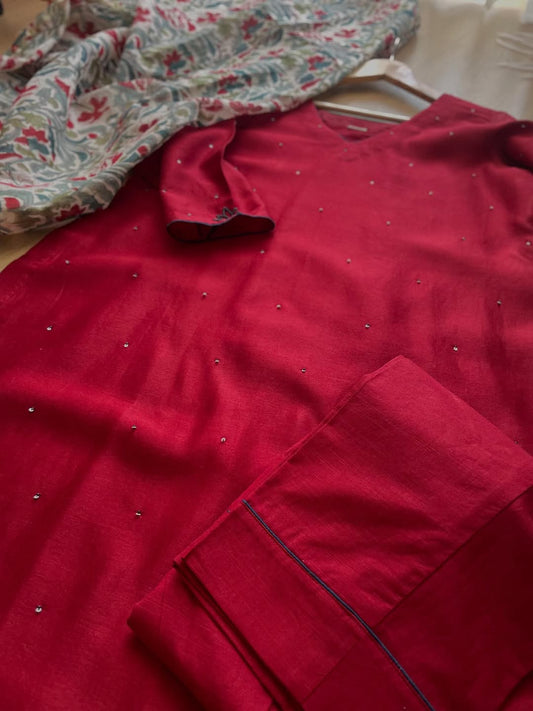 Red Chanderi Suit Set with Handblock Dupatta