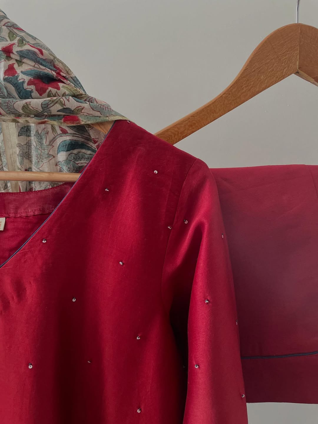 Red Chanderi Suit Set with Handblock Dupatta