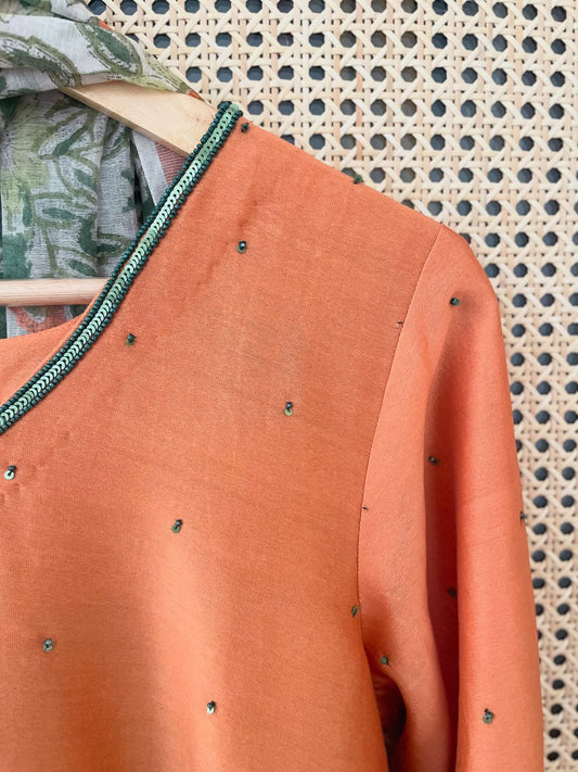 Tangerine Chanderi Suit Set with Hand-Tucked Beads