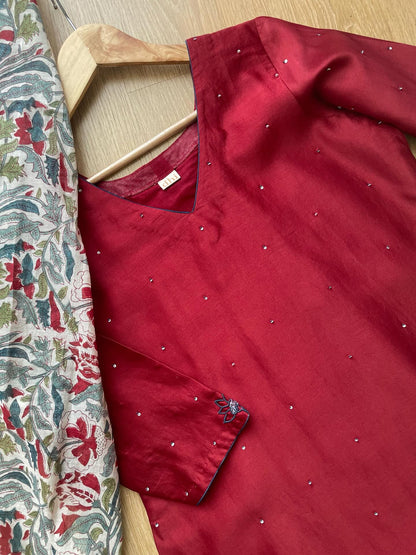 Red Chanderi Suit Set with Handblock Dupatta