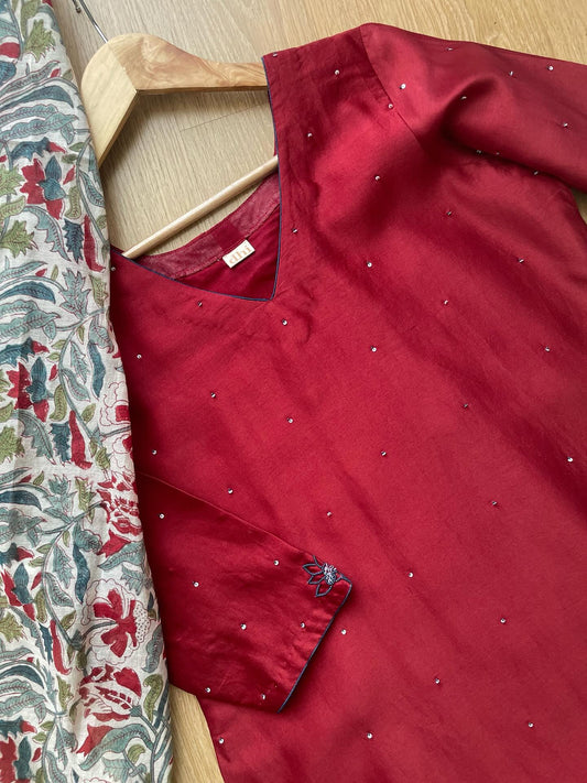 Red Chanderi Suit Set with Handblock Dupatta