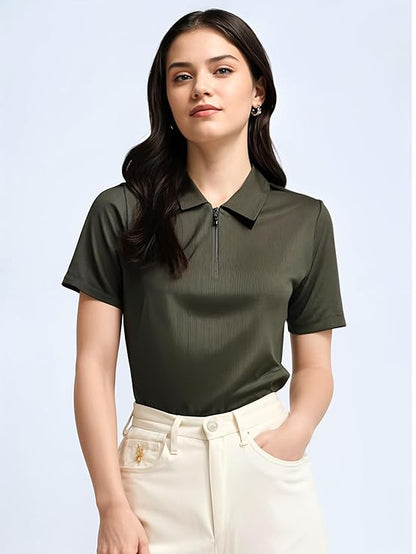 Cotton Polo Neck Zip T-Shirt