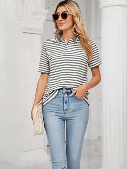 Women’s Striped Cotton Rich Polo T-Shirt