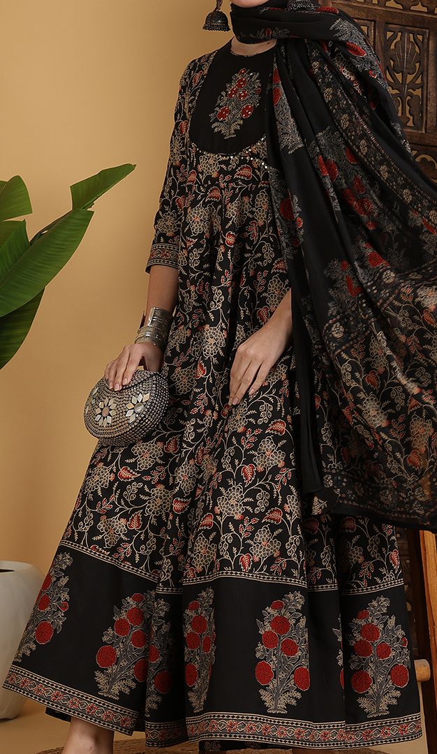 Floral Printed Anarkali Pure Cotton Kurta With Palazzos And Dupatta