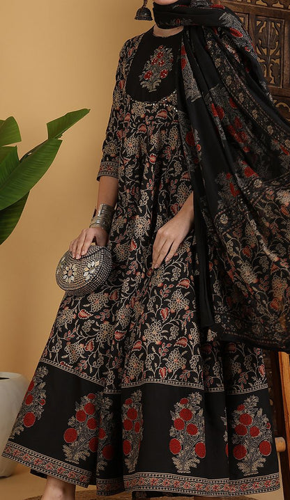 Floral Printed Anarkali Pure Cotton Kurta With Palazzos And Dupatta