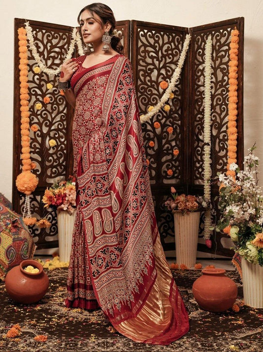 Ajrakh Printed With Zari Pallu Saree