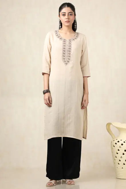 Beige Cotton Solid Kurta With Thread Work