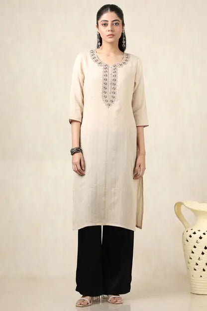 Beige Cotton Solid Kurta With Thread Work