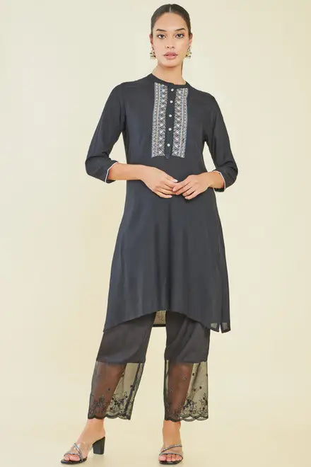 Rayon Embroidered Palazzo With Sheer And Scallop Borders