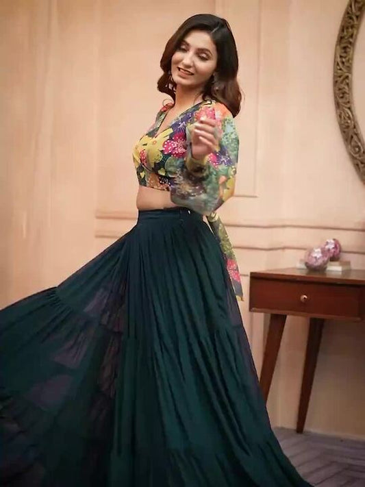 Printed V-Neck Cro Top With Long Flared Skirt Co-Ords