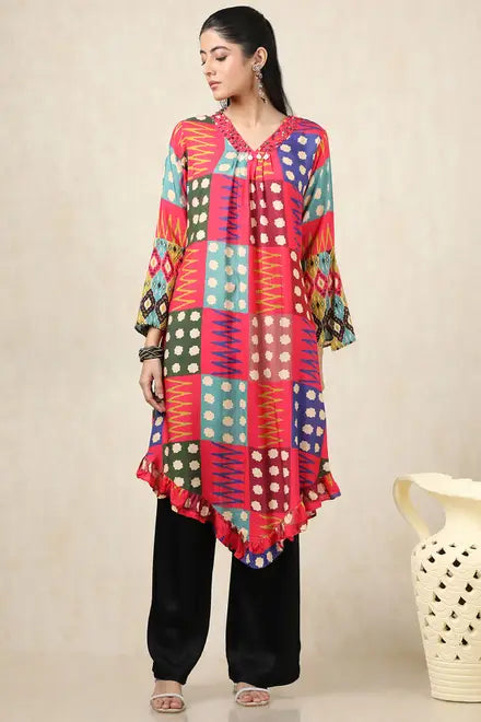 Multicolour Crepe Abstract Print Kurta With Beads And Stones