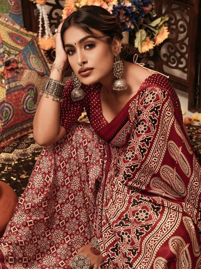 Ajrakh Printed With Zari Pallu Saree